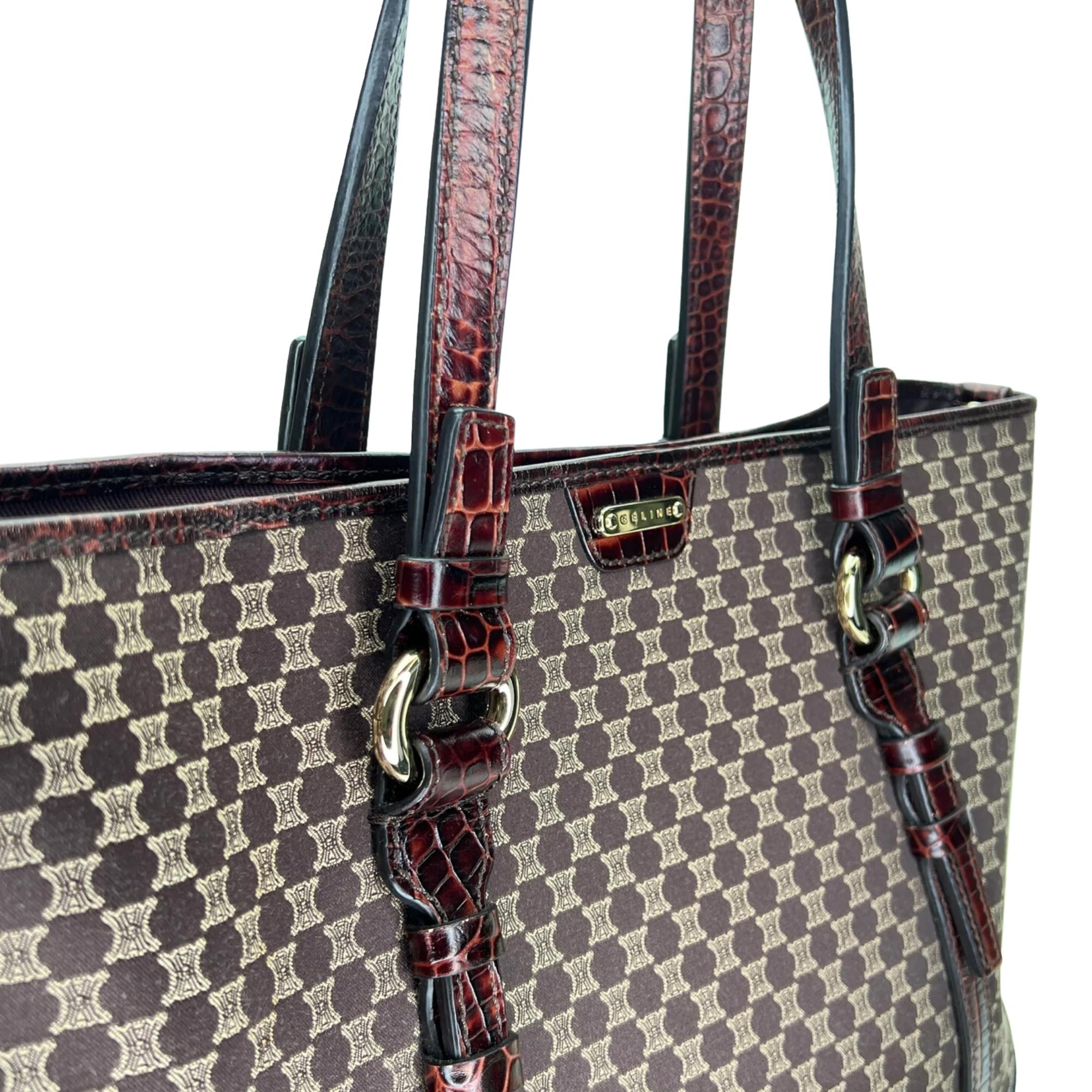 Celine Monogram Ebony Macadam Croco Embossed Tote Bag In Good Condition For Sale In Montreal, Quebec