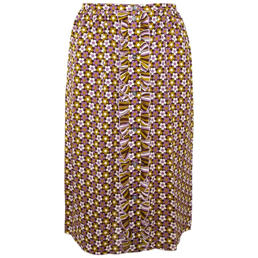 Celine Multicolor Floral Print Silk Ruffled A-Line Skirt S