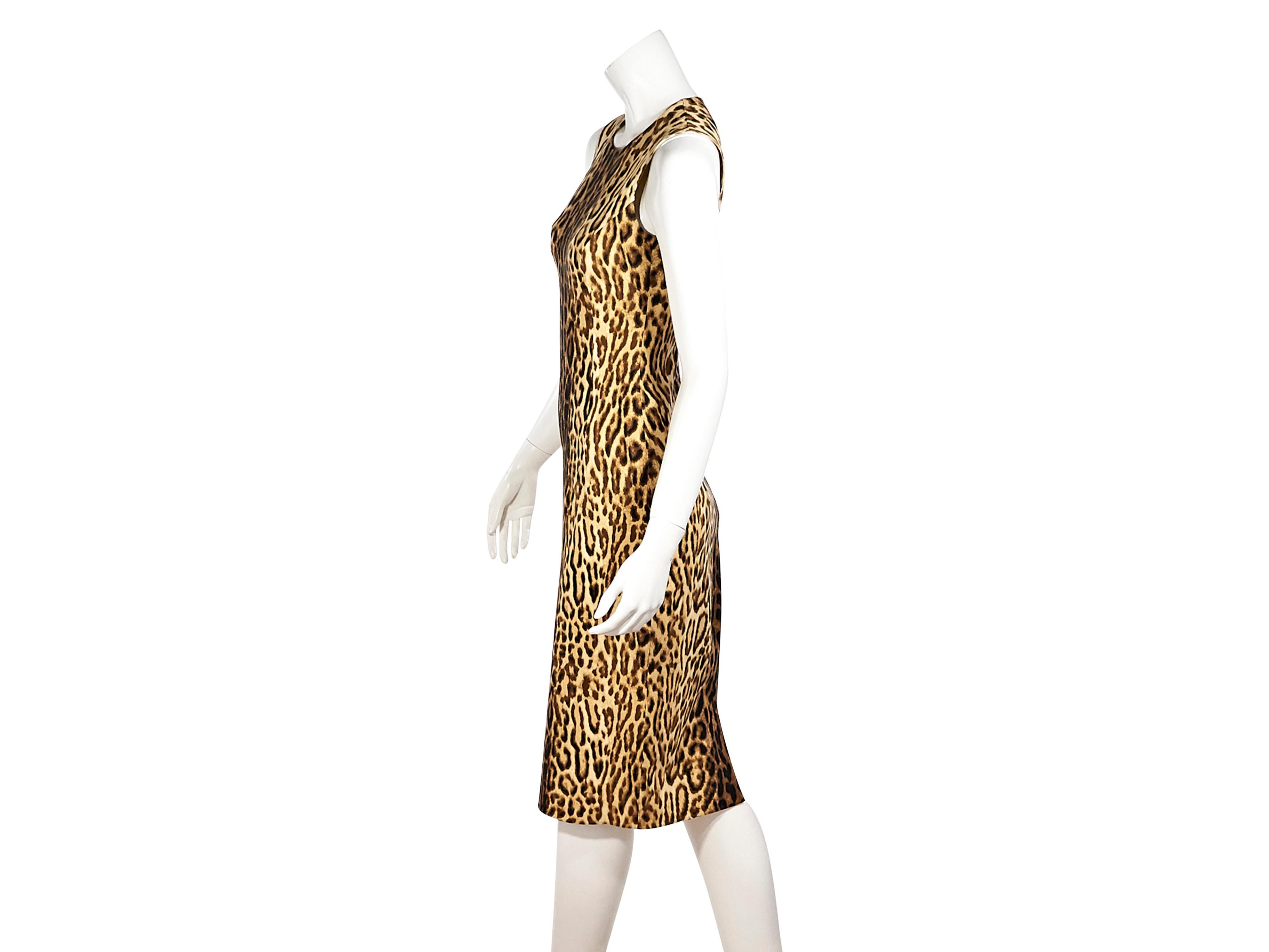 Product details:  Multioclor leopard-printed stretch wool sheath dress by Celine.  From the Phoebe Philo design era.  Jewelneck.  Sleeveless.  Concealed back zip closure.  Back center hem slit.  Label size FR 36.  36