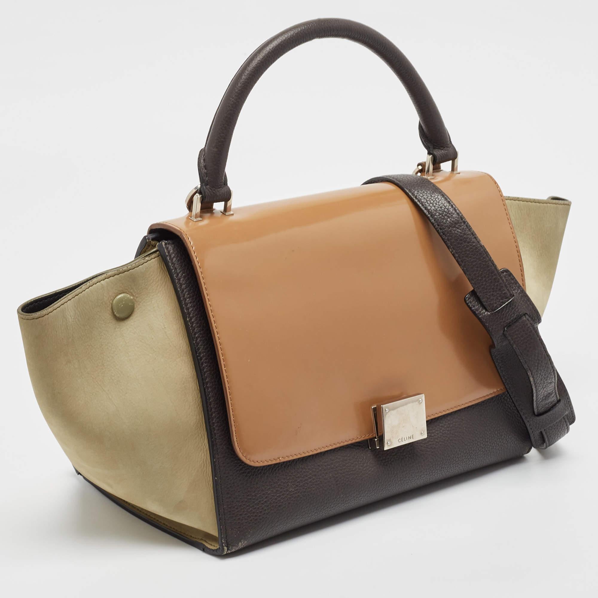 Brown Celine Multicolor Nubuck  Patent and Leather Small Trapeze Top Handle Bag