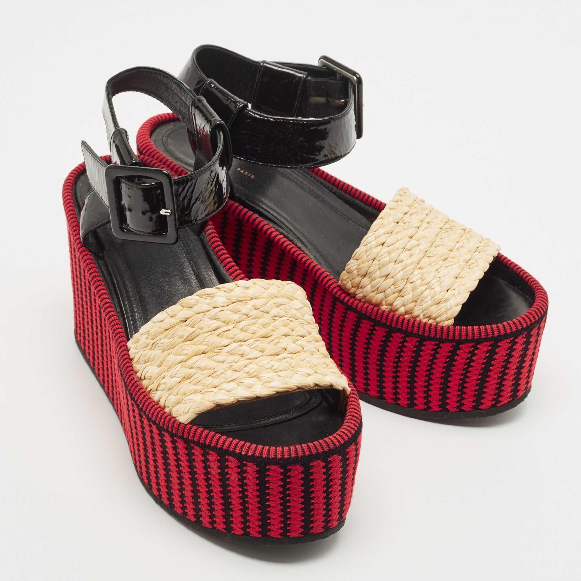 Celine Multicolor Patent and Raffia Wedge Striped Sandals Size 37.5 In Excellent Condition In Dubai, Al Qouz 2