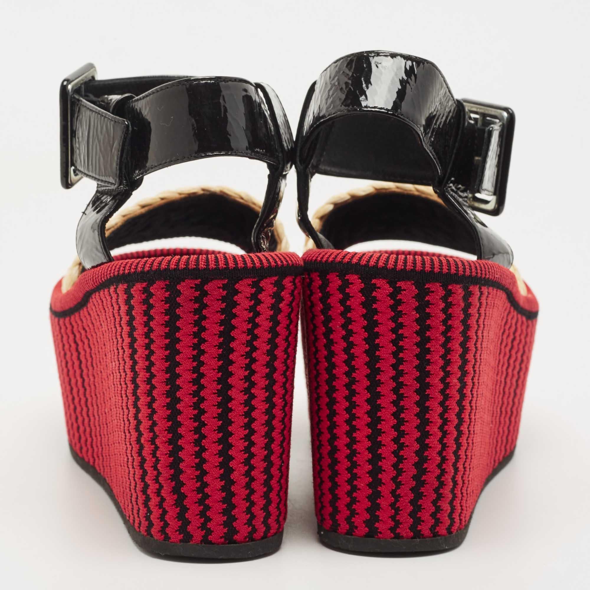 Women's Celine Multicolor Patent and Raffia Wedge Striped Sandals Size 37.5