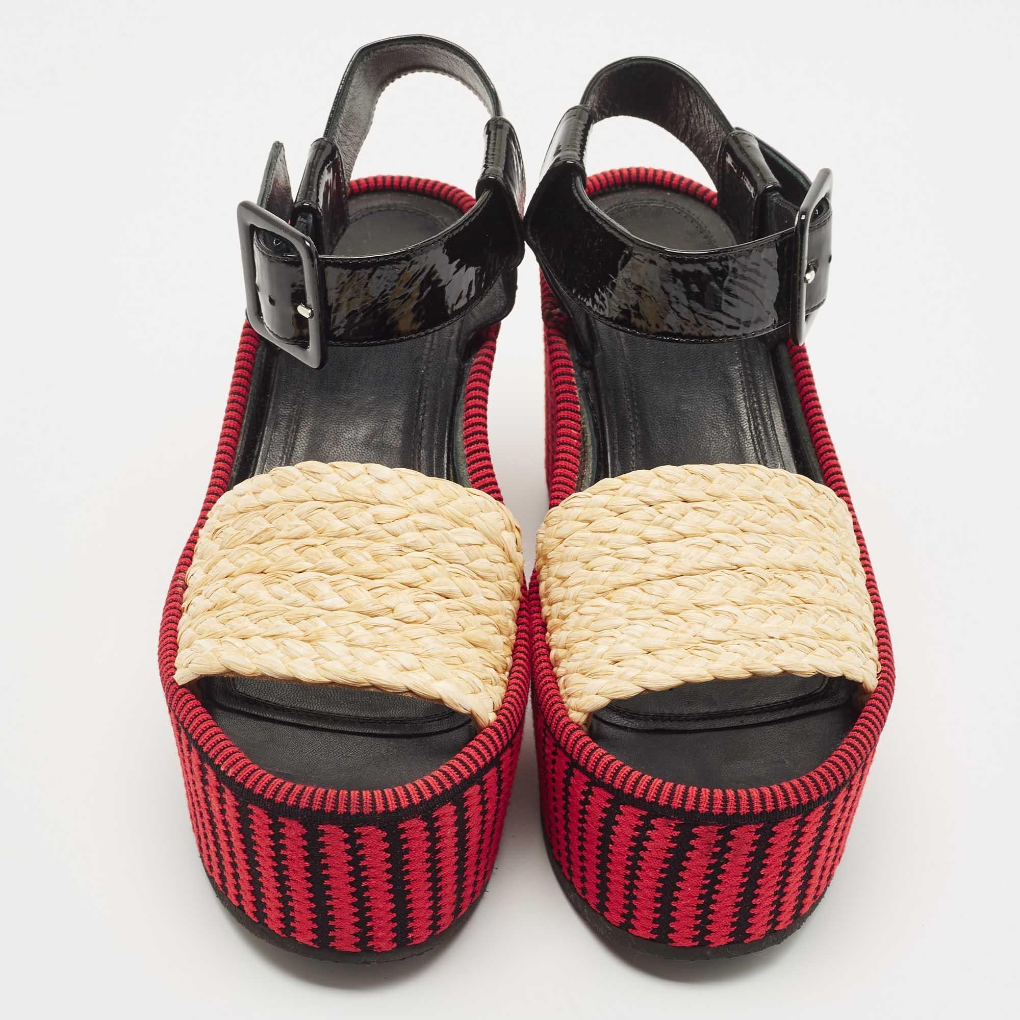 Celine Multicolor Patent and Raffia Wedge Striped Sandals Size 37.5 4