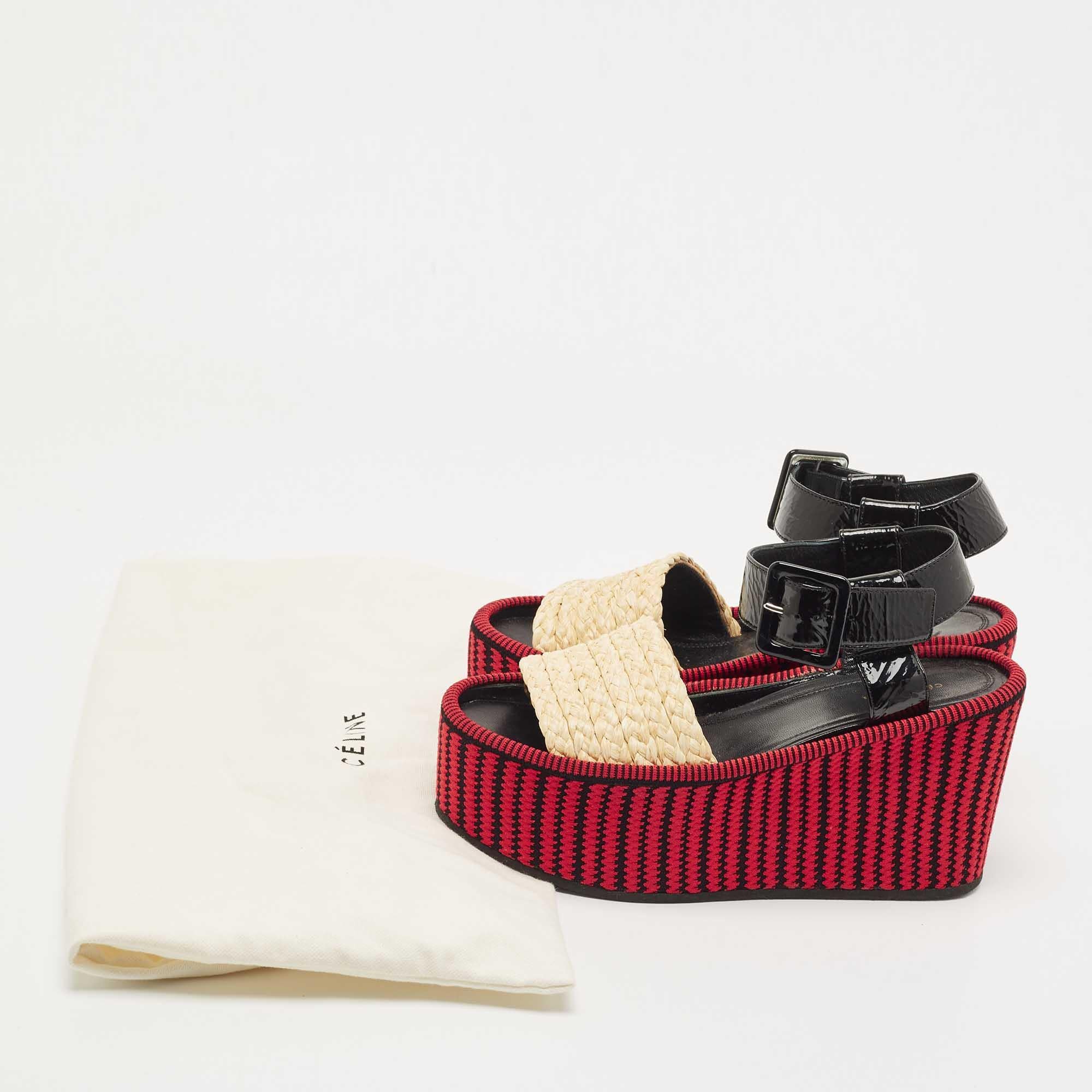 Celine Multicolor Patent and Raffia Wedge Striped Sandals Size 37.5 5