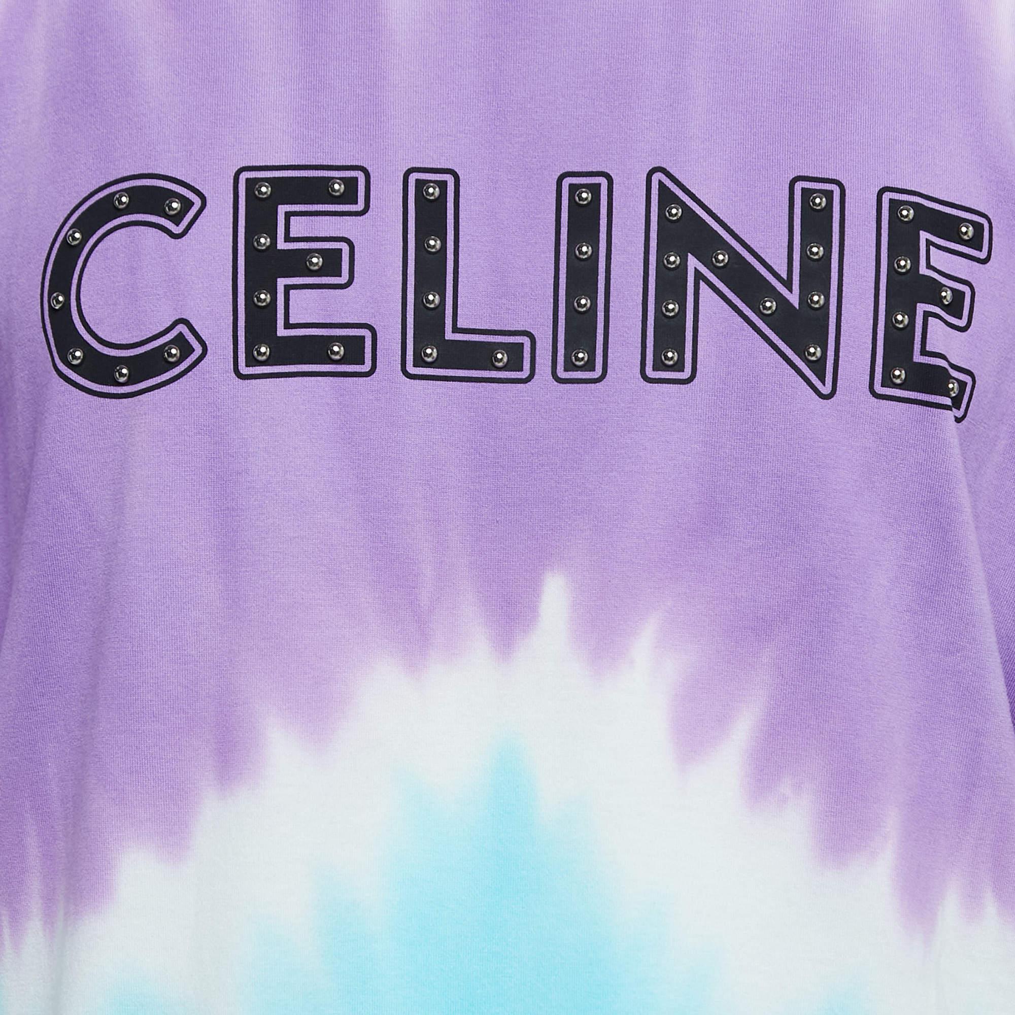 Celine Multicolor Studded Logo Print Cotton Crew Neck T-Shirt L In Good Condition In Dubai, Al Qouz 2