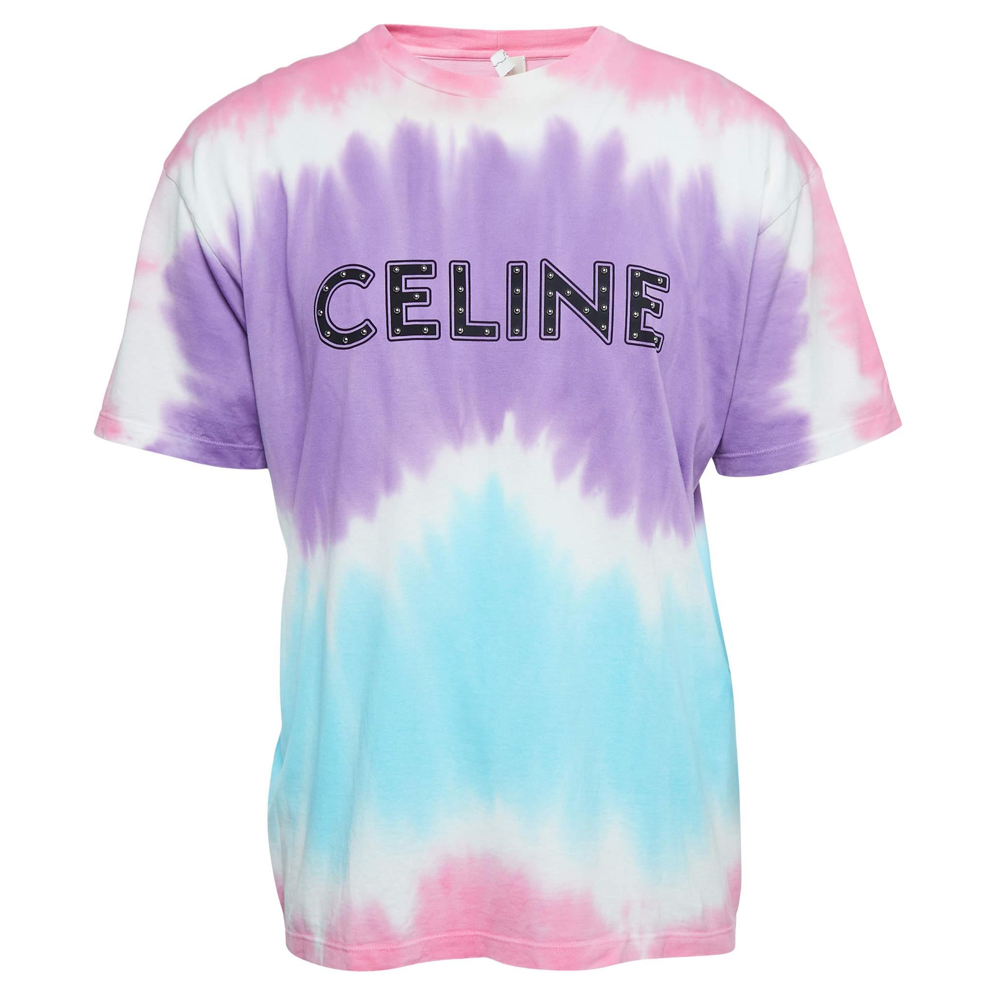 Celine Multicolor Studded Logo Print Cotton Crew Neck T-Shirt L