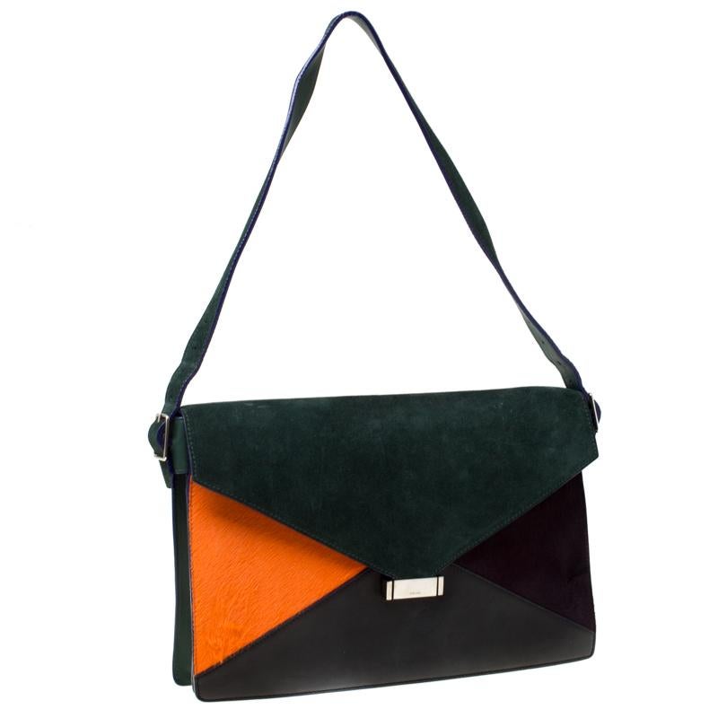 Black Celine Multicolor Suede, Calfhair and Leather Diamond Clutch Bag