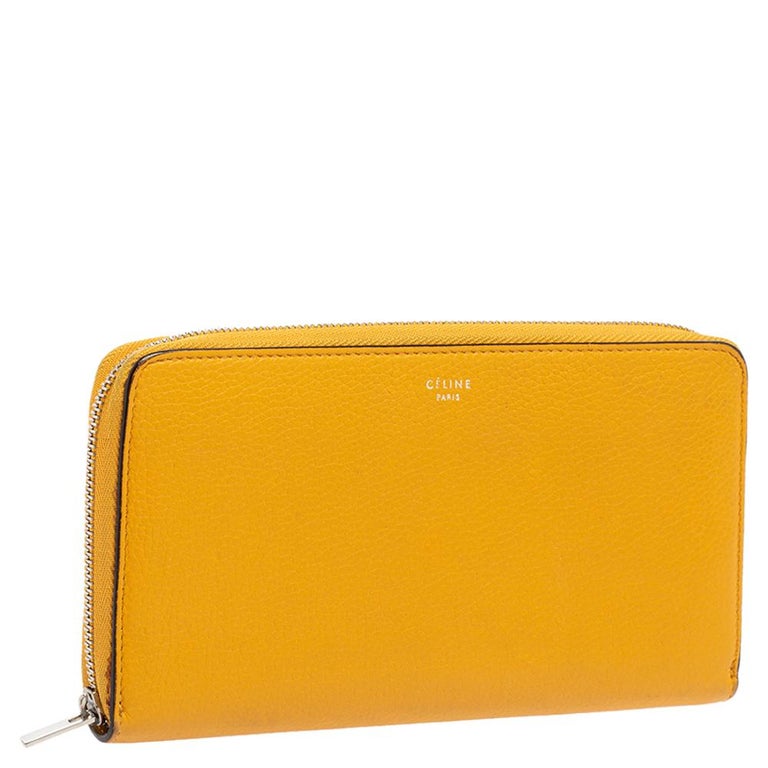 Celine Mustard Yellow Leather Zip Around Wallet For Sale at