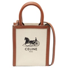 Used Celine Natural/Brown Sulky Print Canvas and Leather Mini Vertical Cabas Tote