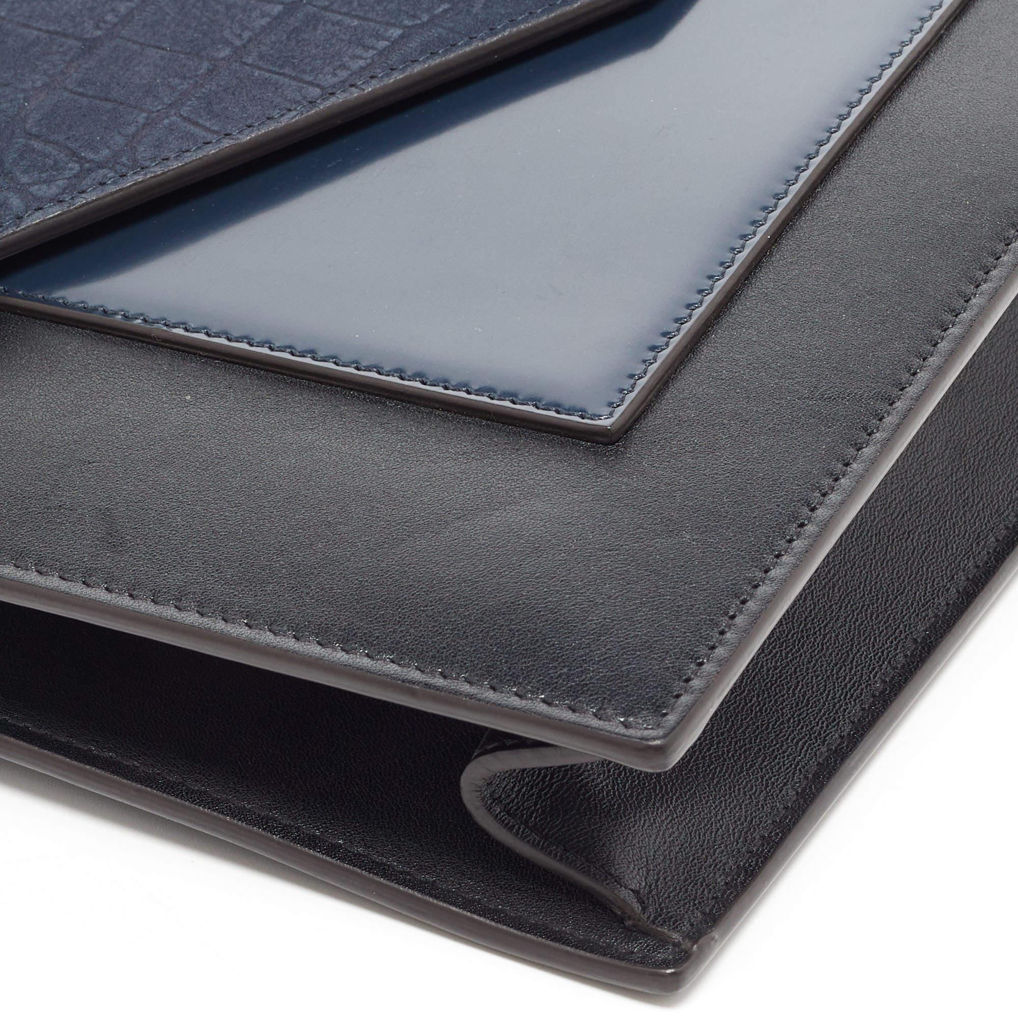 Celine Navy Blue/Black Croc Embossed and Leather Pocket Envelope Chain Clutch 6