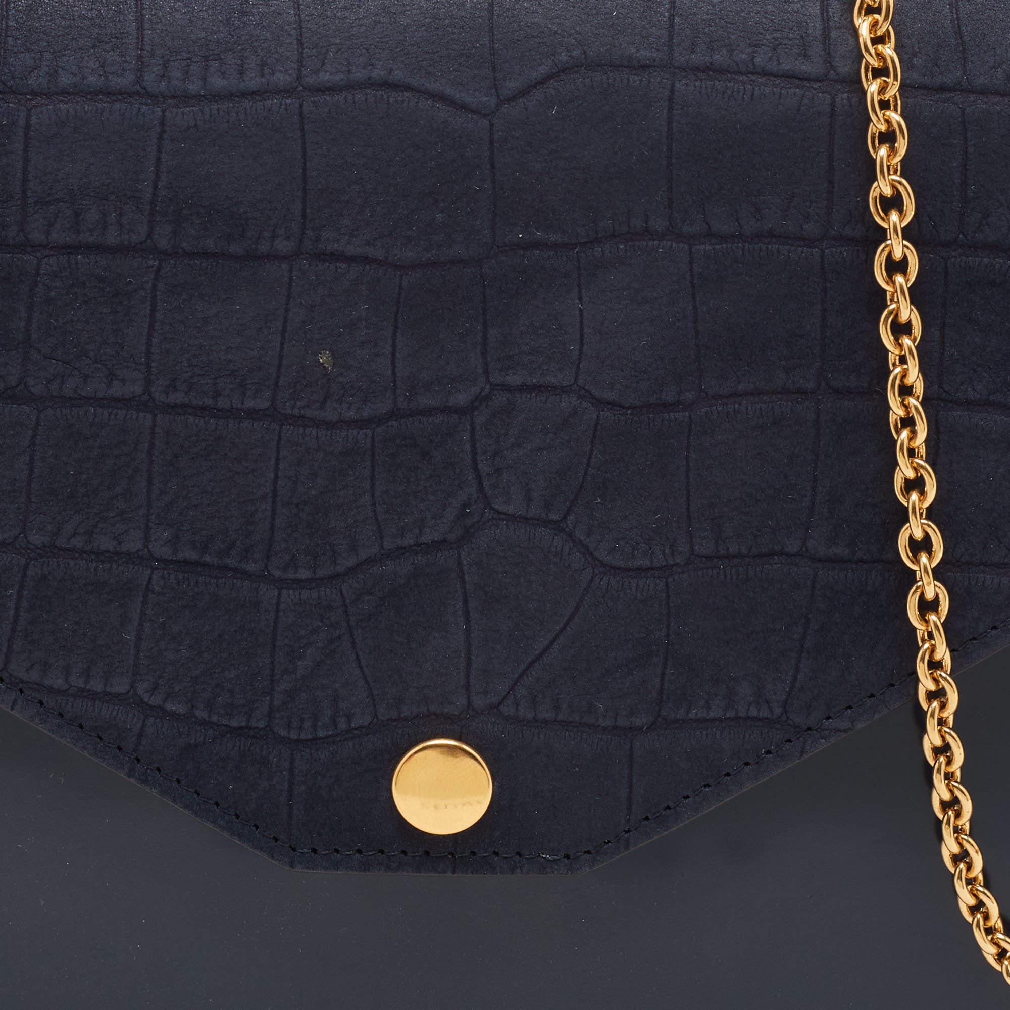 Celine Navy Blue/Black Croc Embossed and Leather Pocket Envelope Chain Clutch 7