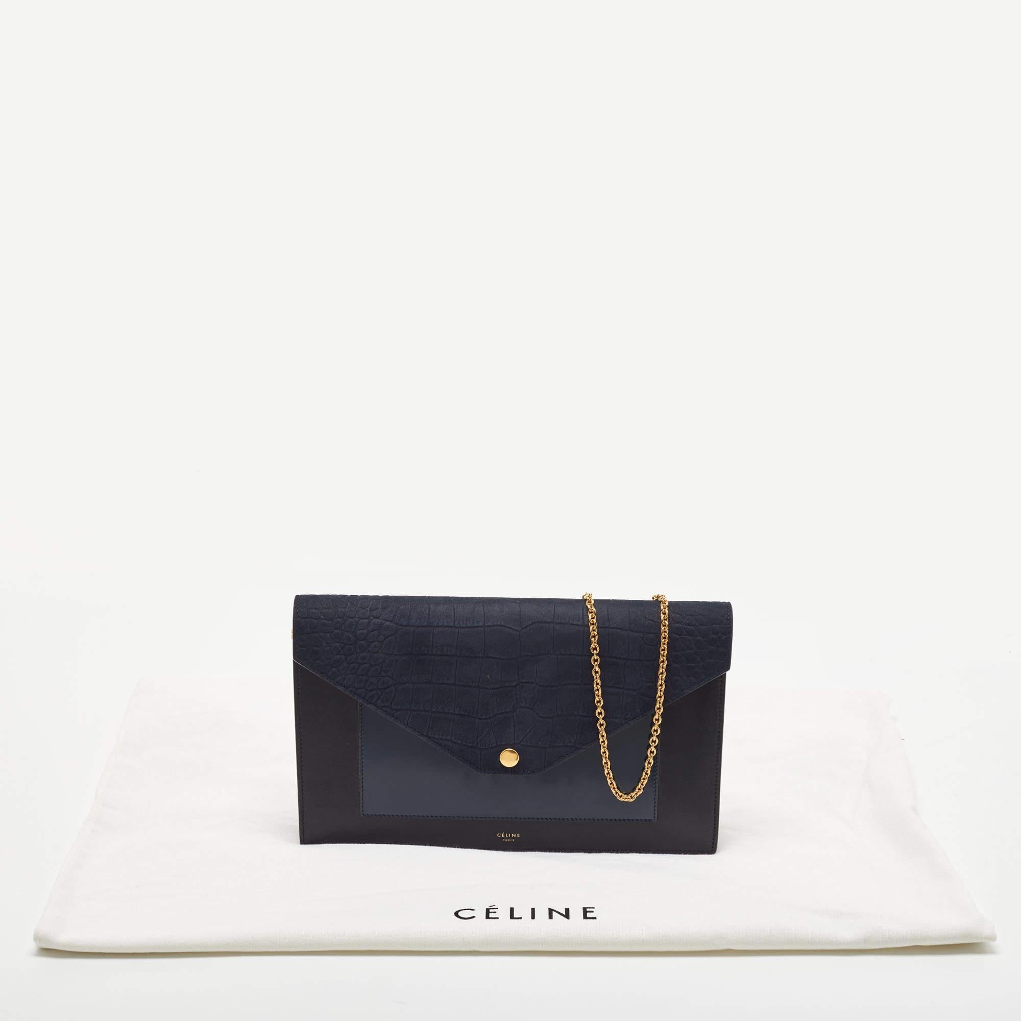 Celine Navy Blue/Black Croc Embossed and Leather Pocket Envelope Chain Clutch 8