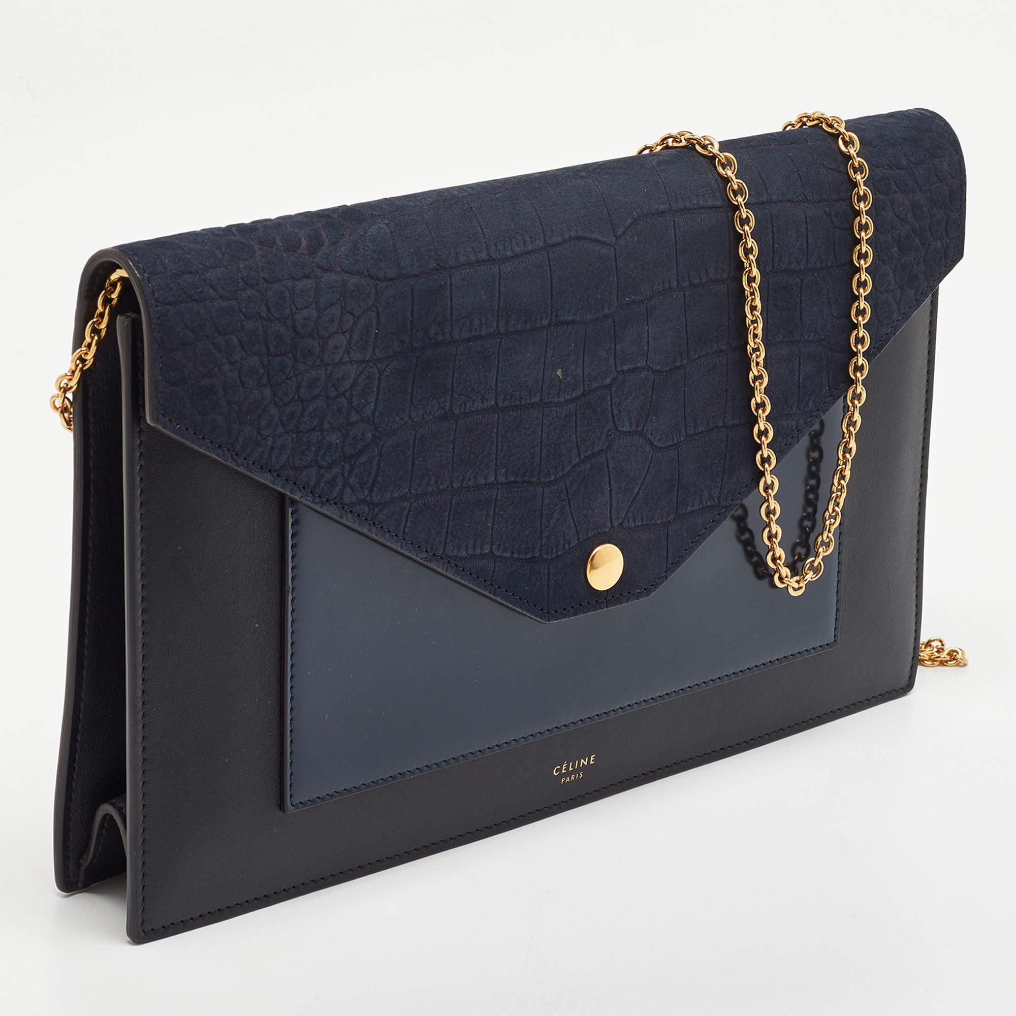Women's Celine Navy Blue/Black Croc Embossed and Leather Pocket Envelope Chain Clutch