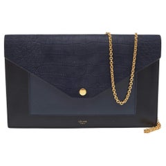 Celine Navy Blue/Black Croc Embossed and Leather Pocket Envelope Chain Clutch