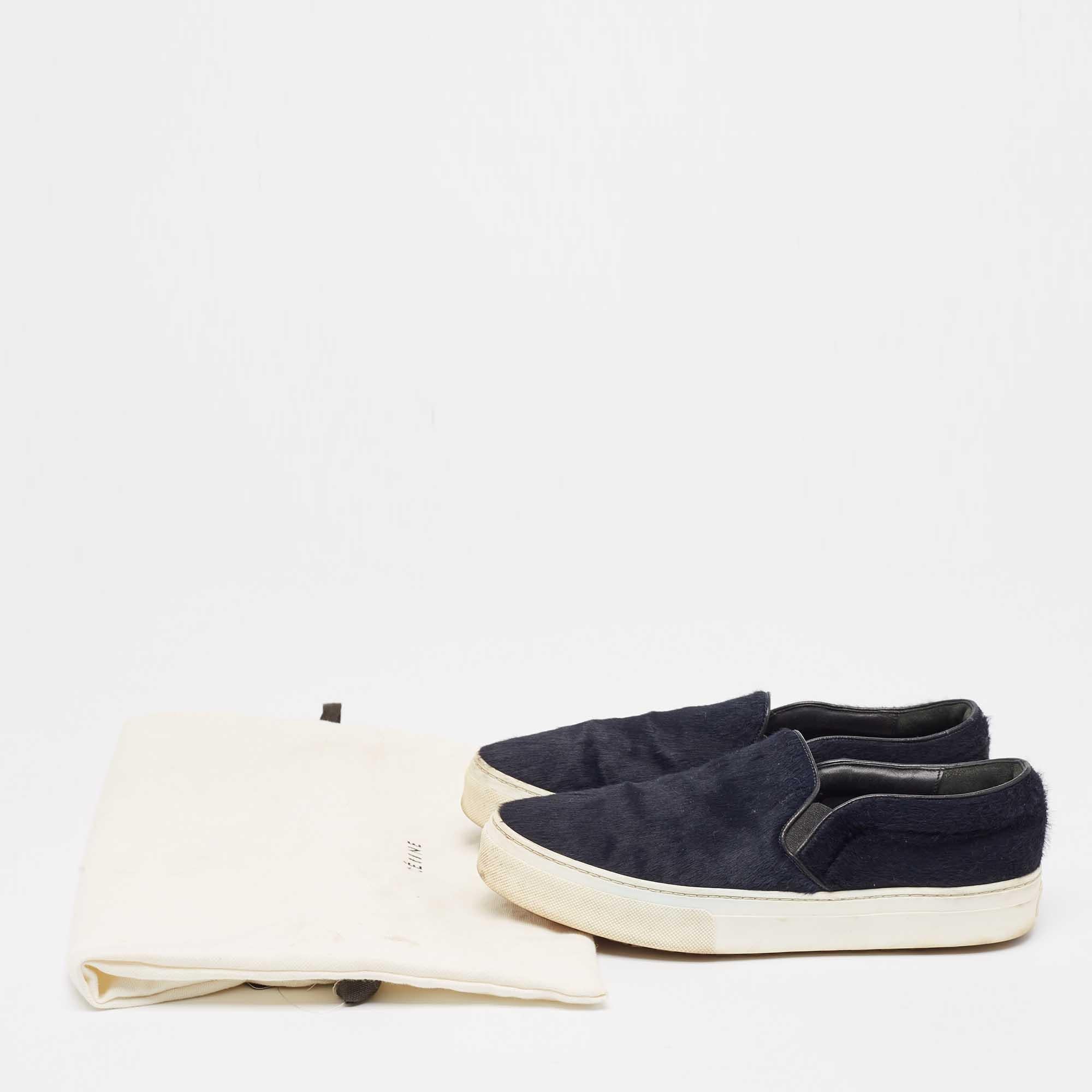 Celine Navy Blue Calf Hair Slip On Sneakers Size 38 For Sale 4