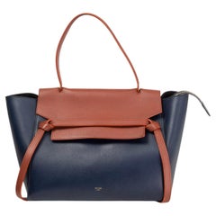 CELINE navy blue & cognac leather BI-COLOR BELT MEDIUM Shoulder Bag