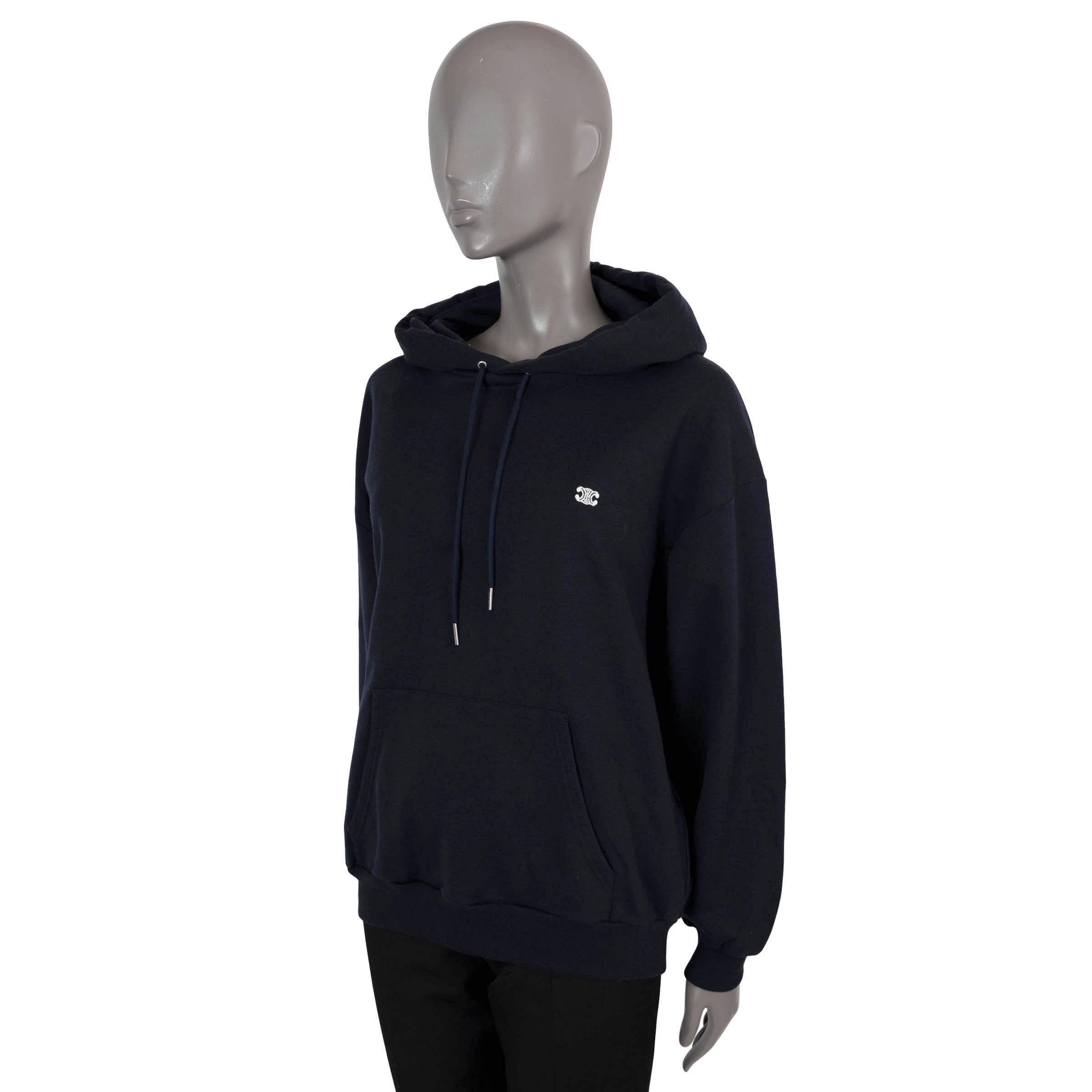 100% autentica felpa Celine con cappuccio in cotone blu navy (86%) e cashmere (14%). Presenta il logo Triomphe ricamato sul davanti, un cappuccio con coulisse e una tasca a canguro. È stato indossato ed è in ottime condizioni.