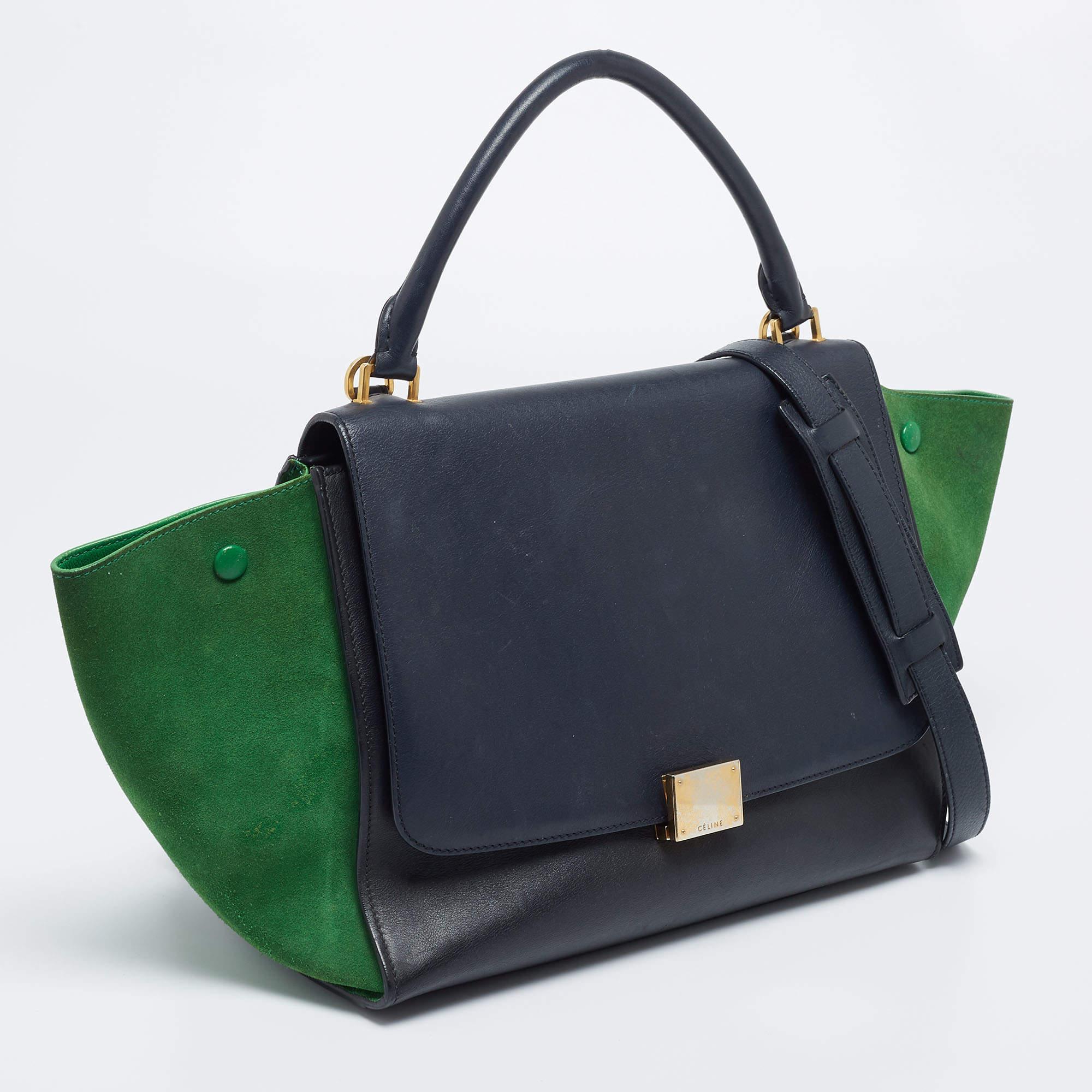 Celine Navy Blue/Green Leather and Suede Medium Trapeze Top Handle Bag In Fair Condition In Dubai, Al Qouz 2