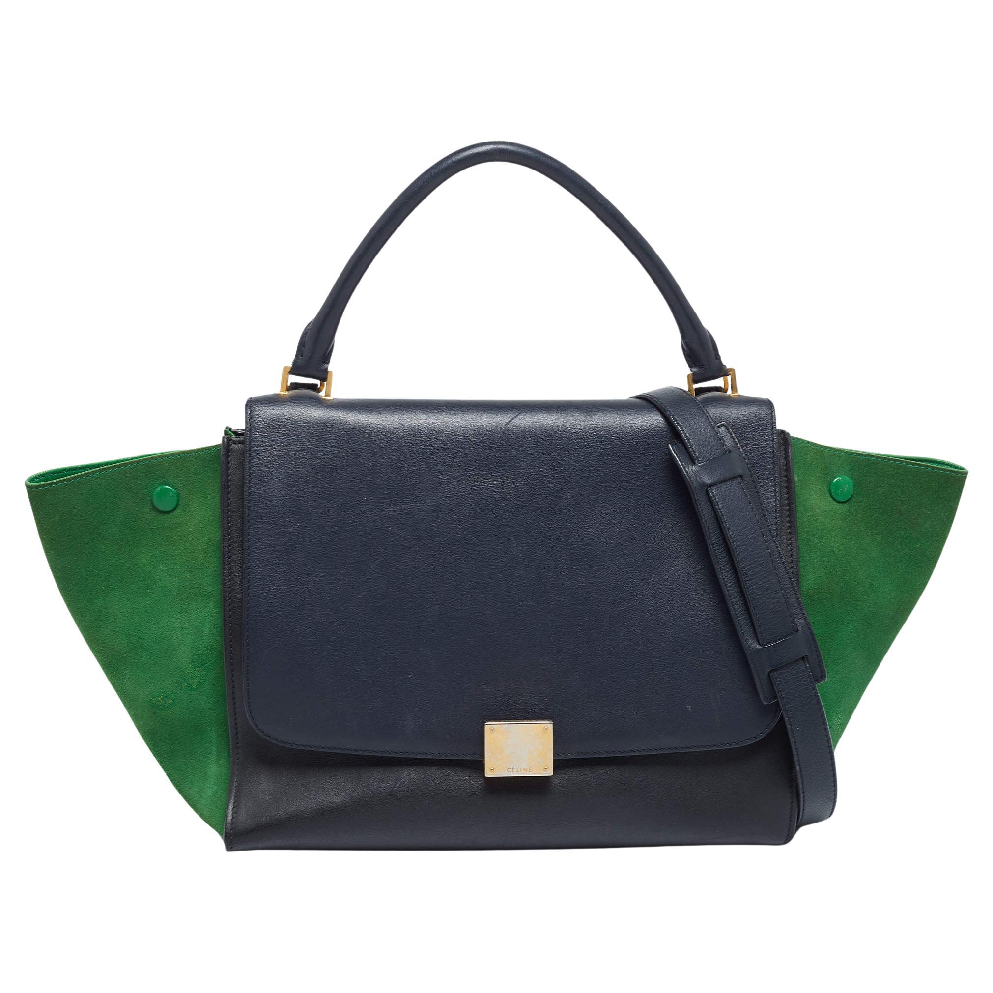 Celine Navy Blue/Green Leather and Suede Medium Trapeze Top Handle Bag For Sale