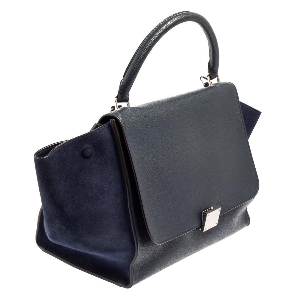 Black Celine Navy Blue Leather Medium Trapeze Top Handle Bag