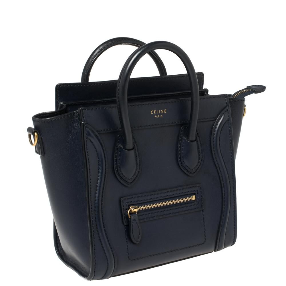 Black Celine Navy Blue Leather Nano Luggage Tote