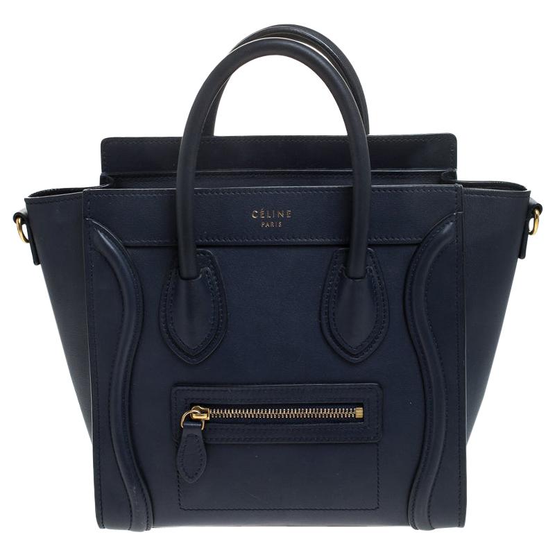 Celine Navy Blue Leather Nano Luggage Tote For Sale at 1stDibs