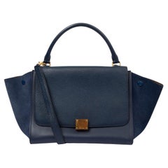 CELINE navy blue leather & suede TRAPEZE MEDIUM Shoulder Bag