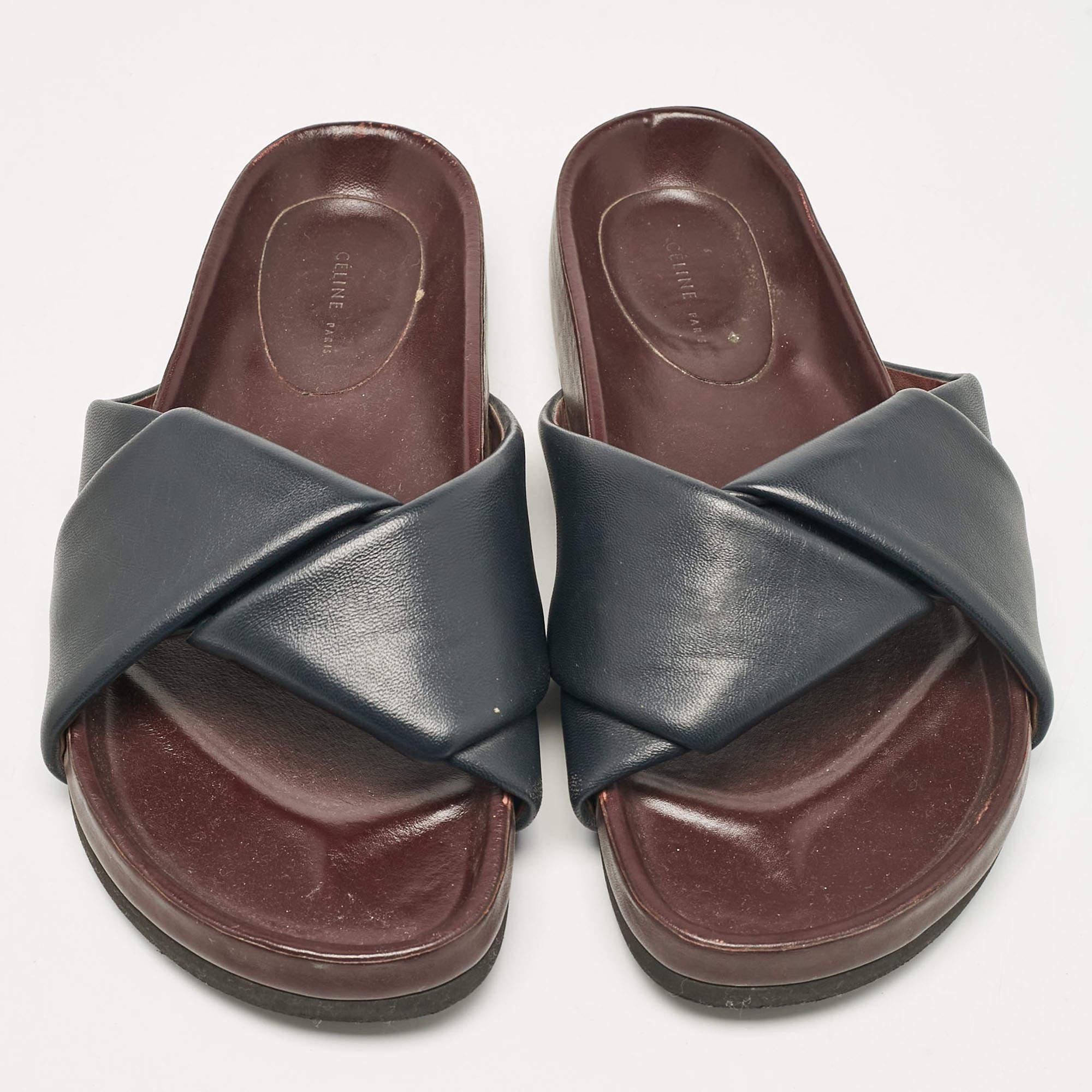 Black Celine Navy Blue Leather Twist Slides Size 38 For Sale