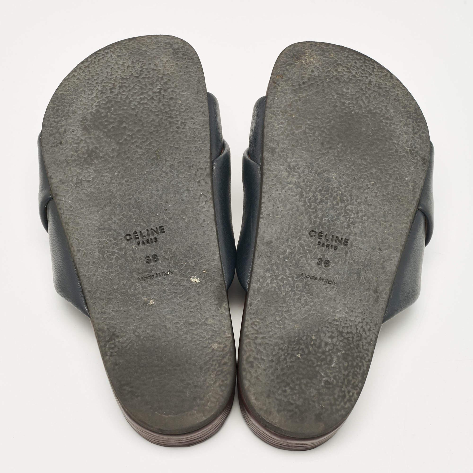 Celine Navy Blue Leather Twist Slides Size 38 For Sale 1