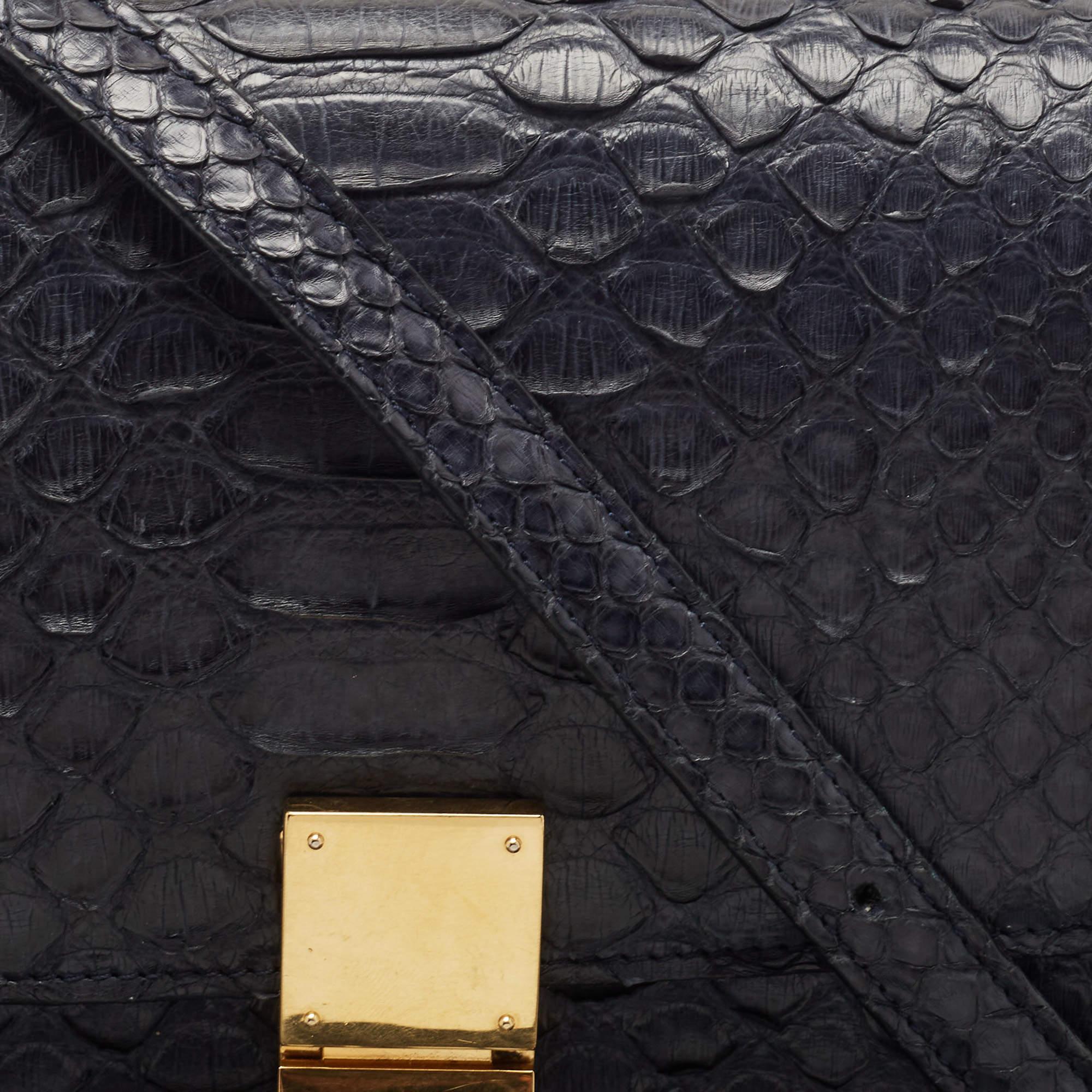 Celine Navy Blue Python Medium Classic Box Shoulder Bag For Sale 11