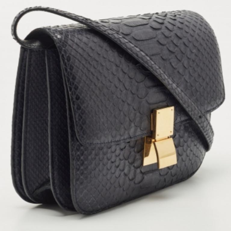 Nero Celine Borsa a tracolla media Classic Box in pitone blu navy in vendita