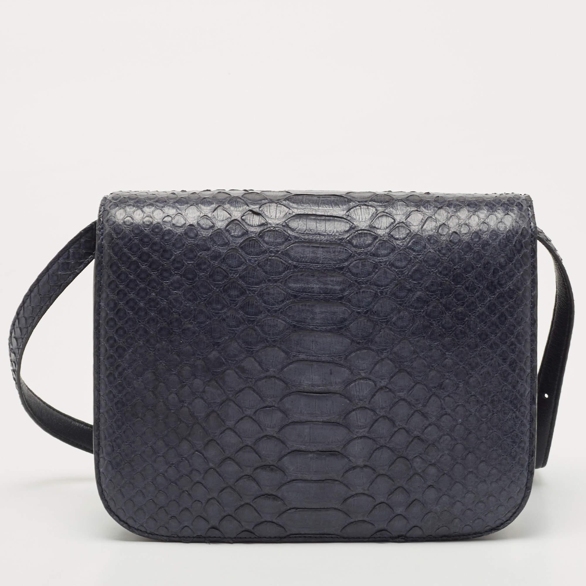 Women's Celine Navy Blue Python Medium Classic Box Shoulder Bag For Sale