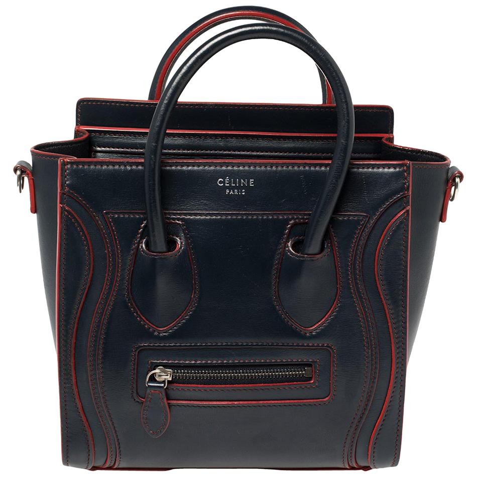 Celine Navy Blue/Red Leather Nano Luggage Tote