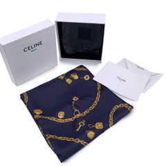 Celine Navy Blue Silk Twill Square Scarf with Chain Print