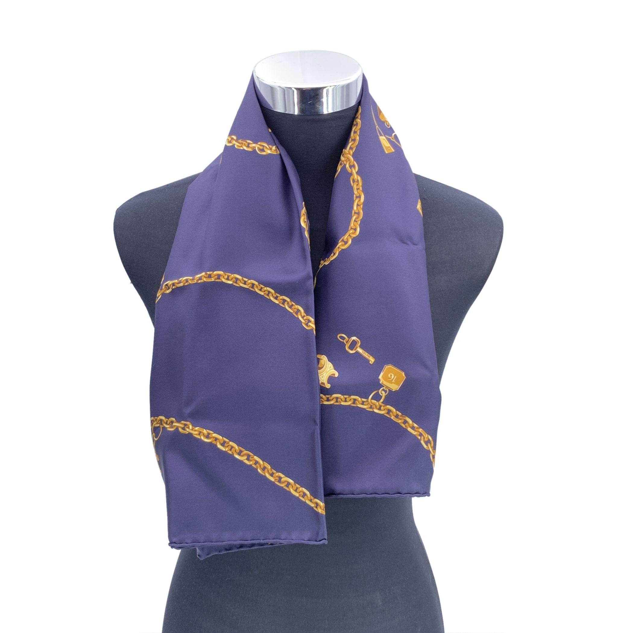 Celine Navy Blue Silk Twill Square Scarf with Chain Print In Excellent Condition In Rome, Rome