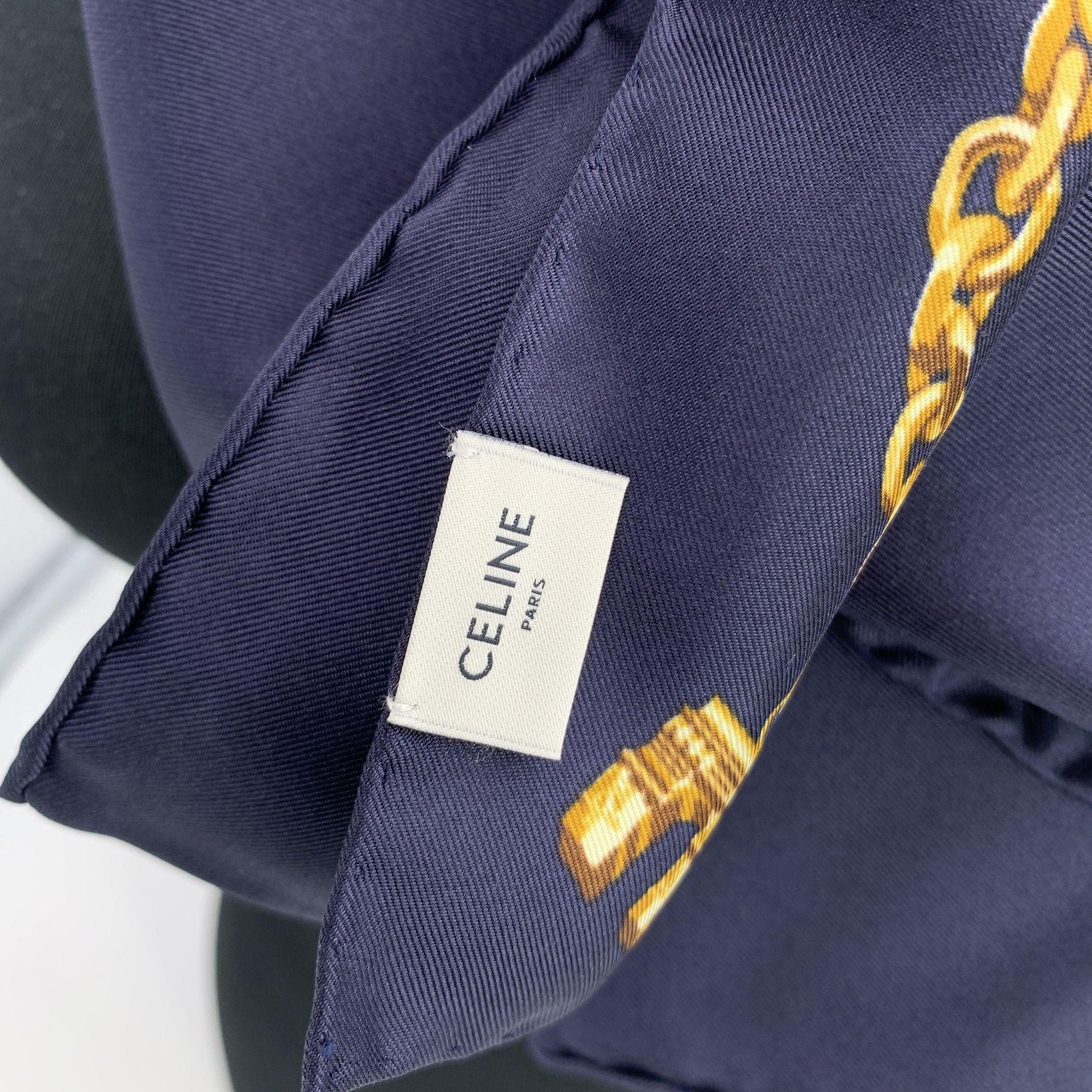 Celine Navy Blue Silk Twill Square Scarf with Chain Print 1