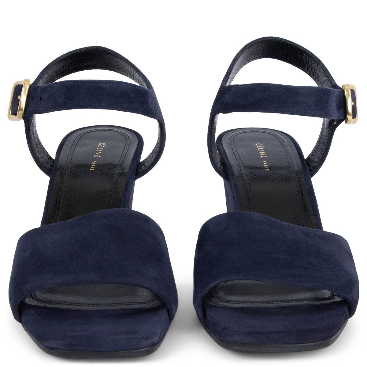 100% authentic Céline block heel sandals in navy blue suede with gold-tone buckle closure. Have been worn and are in excellent condition. Rubber sole got added. 

2016 Spring/Summer

Measurements
Imprinted Size	36
Shoe Size	36
Inside Sole	23cm
