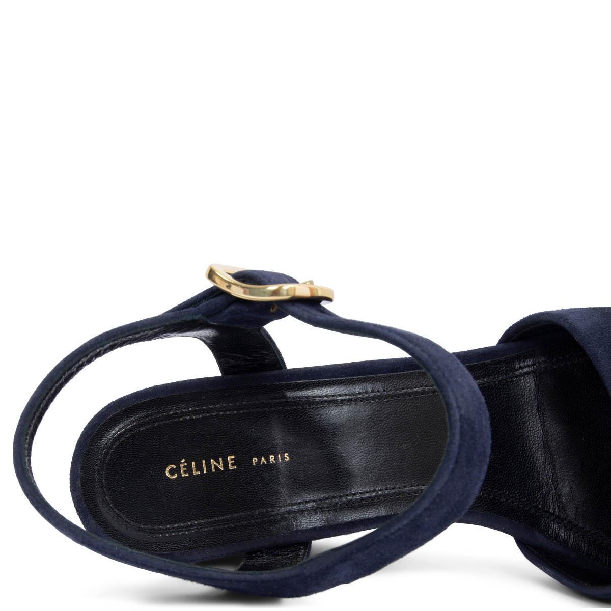 CELINE navy blue suede 2016 BLOCK HEEL Sandals Shoes 36 For Sale 2