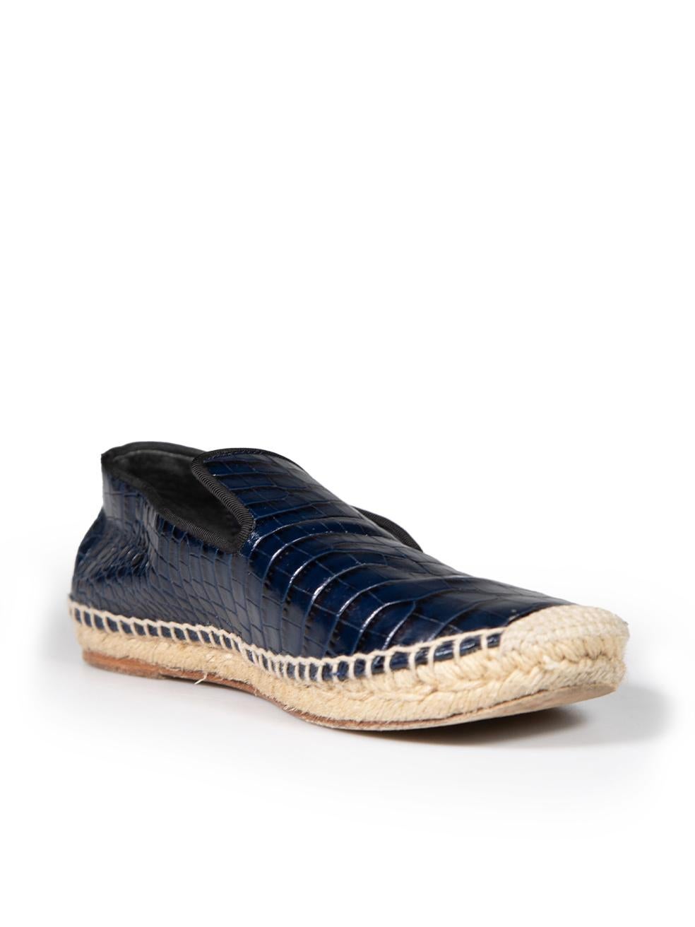 CONDITION is Very good. Minimal wear to shoes is evident. Minimal wear to the left shoe toe where some loose rope threads can be seen on this used Céline designer resale item.
 
 
 
 Details
 
 
 Navy
 
 Leather
 
 Espadrilles
 
 Croc embossed