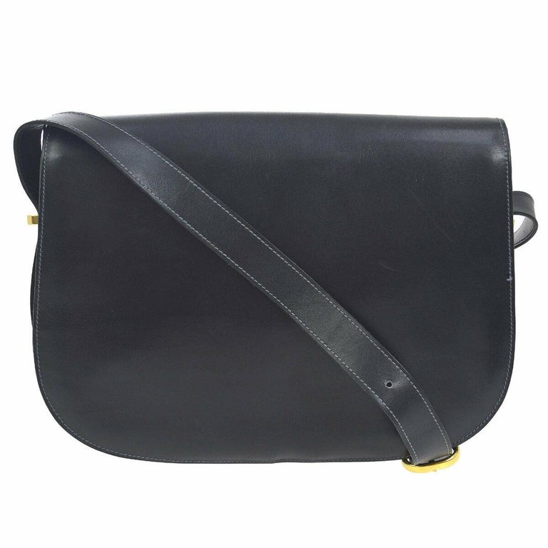 Celine Navy Leather Gold Horsebit Box Saddle Shoulder Flap Bag For Sale ...