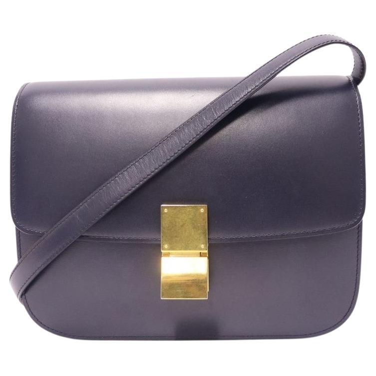 Celine Navy Leather Medium Classic Box Shoulder Bag For Sale