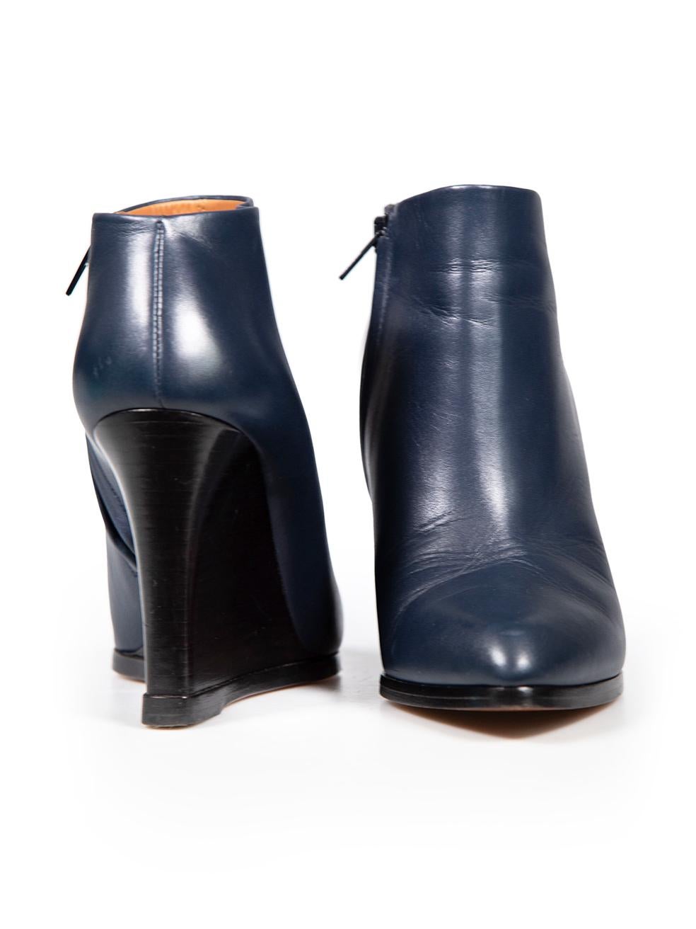 Purple Céline Navy Leather Pointed Toe Wedge Boots Size IT 38