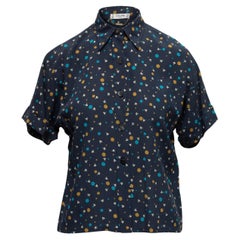 Celine Navy & Multicolor Silk Short Sleeve Button-Up Top