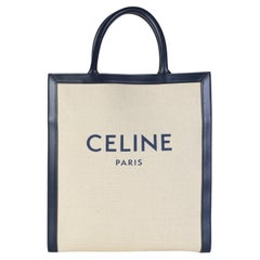 Celine Navy Natural Canvas Kalbsleder mit Logo-Print, kleine vertikale Cabas-Tasche