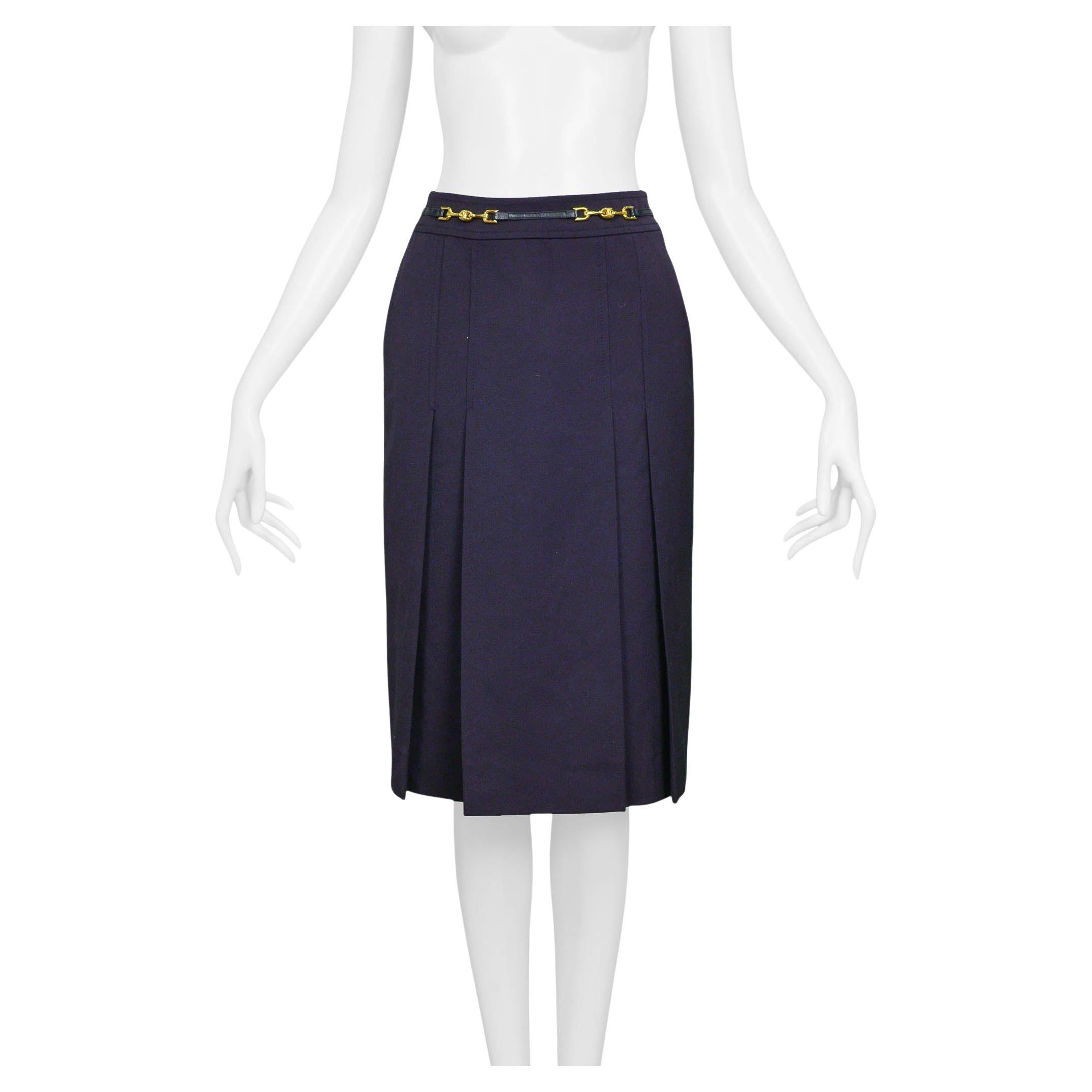 Celine Navy Purple Wool Skirt With Gold Link For Sale