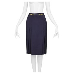 Retro Celine Navy Purple Wool Skirt With Gold Link