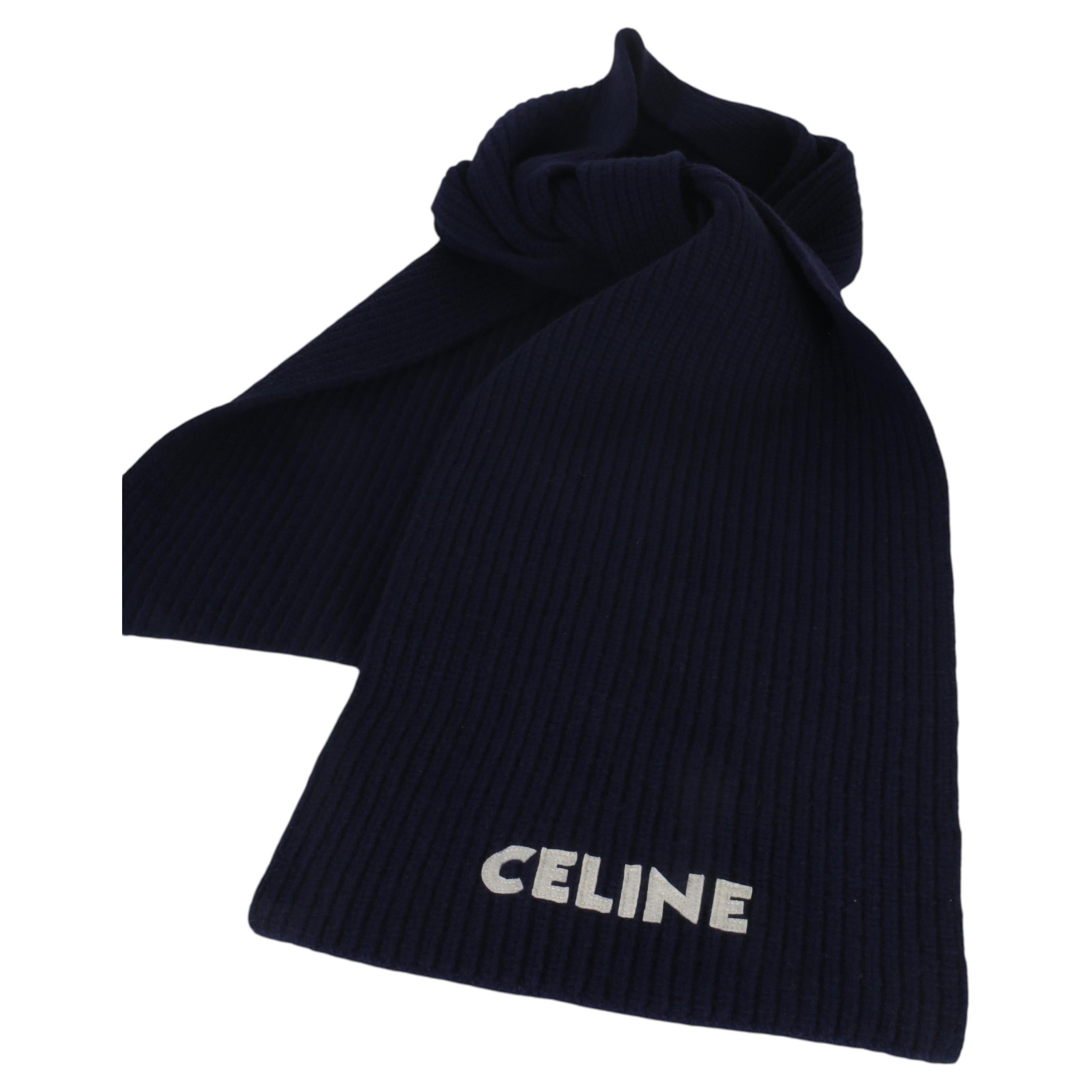 Pre-owned Celine Navy Ribbed Wool Logo Appliqued Scarf In Blue