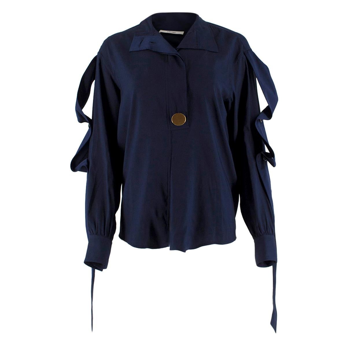 Celine Navy Silk Button Embellished Shirt - Size US 4 For Sale