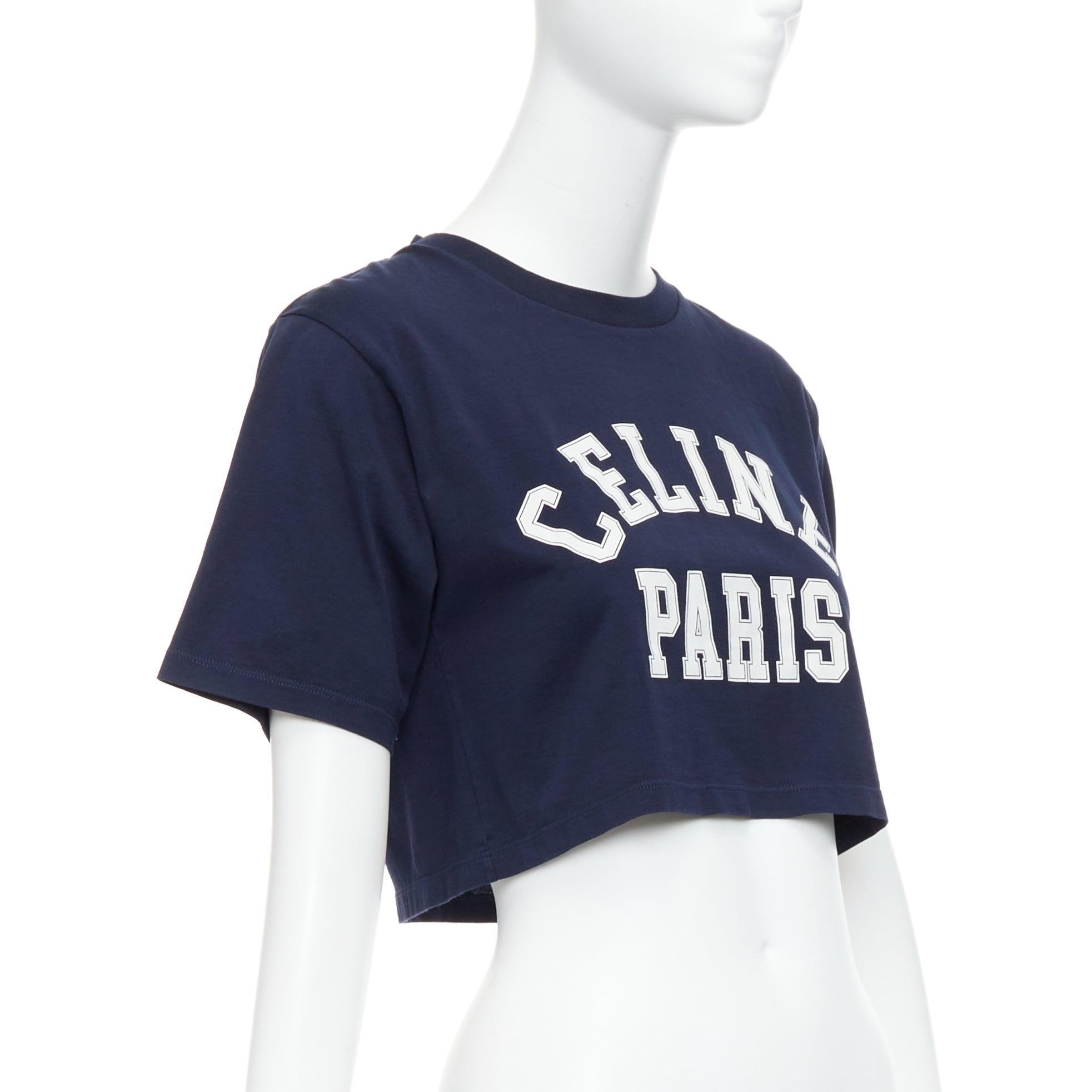 CELINE azul marino blanco gran varsity logo París boxy camiseta crop cuello redondo XS Negro