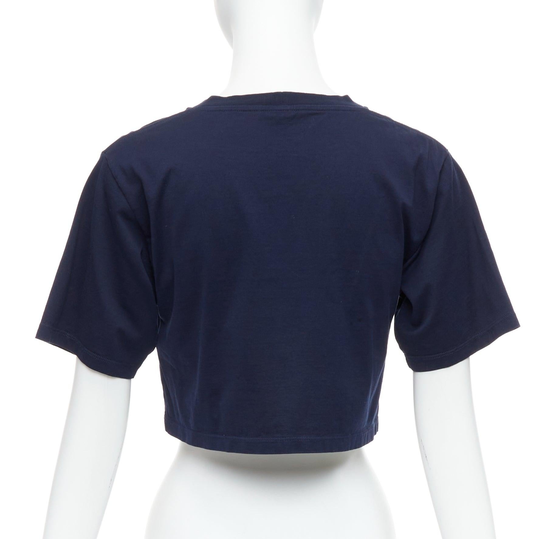 De las mujeres CELINE azul marino blanco gran varsity logo París boxy camiseta crop cuello redondo XS